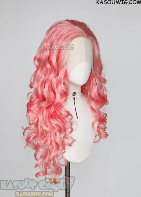 Lace Front>> Light Pink 75cm long middle parting curly wig LFL-1/KA033