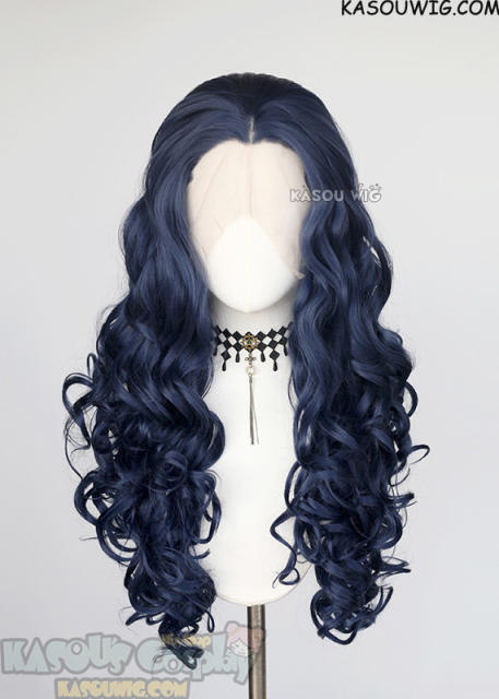 Lace Front>> Dark Blue 75cm long middle parting curly wig LFL-1/SP10
