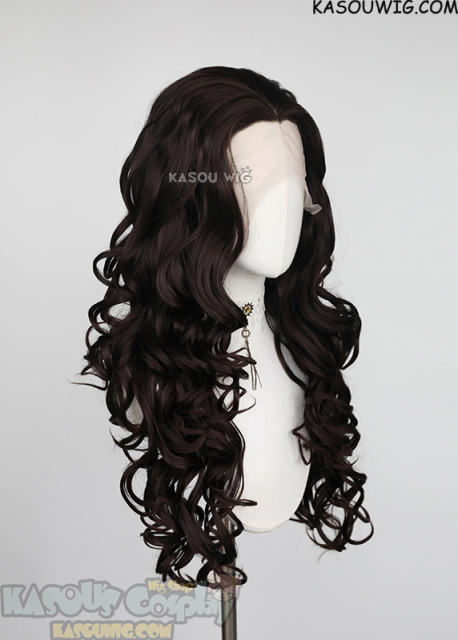 Lace Front>> Deepest Brown 75cm long middle parting curly wig LFL-1/KA031