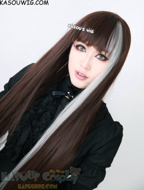 100cm / 39.5" Ever After High Cerise Hood long straight dark brown with silver highlight wig