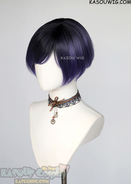 Tekken Reina Mishima short side parted black rooted purple bob wig