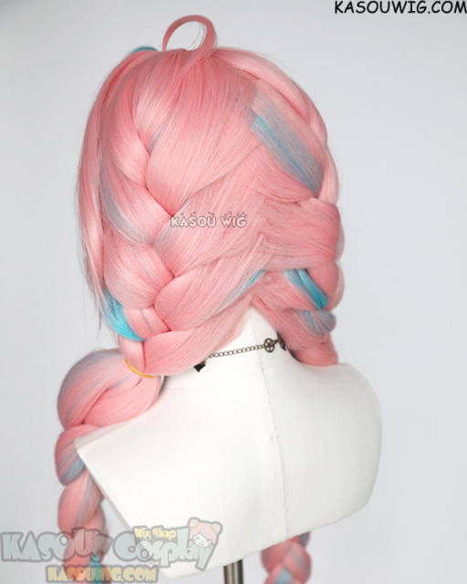 [Pre-Crimped] Genshin Impact Varesa 90cm long braid pigtails pink wig with teal streaks