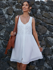OMONSIM Wholesale Casual White Front Button Sleeveless Shoulder Strap Elegant Holiday Dress