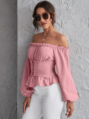 OMONSIM Wholesale Off Shoulder Long Sleeve Tops Lace Up Shirred Back Peplum Blouses Fashion Ruffles Skinny Shirt
