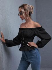 OMONSIM Wholesale Off Shoulder Long Sleeve Tops Lace Up Shirred Back Peplum Blouses Fashion Ruffles Skinny Shirt