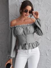 OMONSIM Wholesale Off Shoulder Long Sleeve Tops Lace Up Shirred Back Peplum Blouses Fashion Ruffles Skinny Shirt