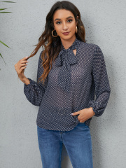 OMONSIM Wholesale Women Casual Blouses For Work Clothing Tie Neck Allover Print Lantern Sleeve Blouse