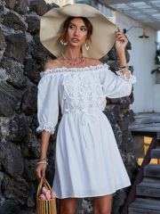 OMONSIM Wholesale Summer Print White Half Sleeve Pattern Edge Elegant Holiday Dress