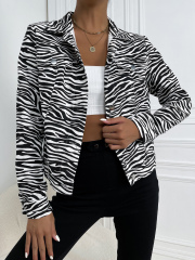 OMONSIM Wholesale Women Jackets Winter Zebra Striped Jacket New Single Breasted Turn-down Collar Fashion Streetwear