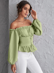 OMONSIM Wholesale Off Shoulder Long Sleeve Tops Lace Up Shirred Back Peplum Blouses Fashion Ruffles Skinny Shirt