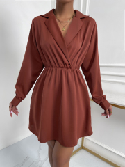 OMONSIM Wholesale Summer Office Workers Loose Pleated Long Sleeve Lapel Women Dresses