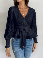 OMONSIM Wholesale Long Sleeve Casual Blouses Women Sexy Elegant Bow Lace Up V-neck Fashion Ladies Tops Apricot and Blue