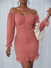 OMONSIM Wholesale Pink Wrinkled Ruffle Edge Tight Sexy Off Shoulder Long Sleeve Dress
