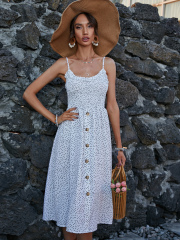 OMONSIM Wholesale Small Black Dots On White Background Sleeveless Suspender Dress