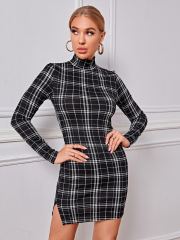 OMONSIM Wholesale Tight Sexy Checkered Stripe Check Split Mini Women For Dress