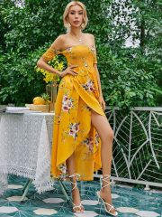 OMONSIM Wholesale Elegant Summer High Waist Off Shoulder Short Sleeve Length Holiday Dress