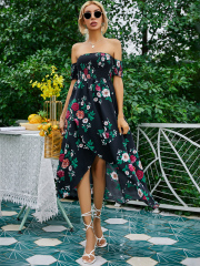 OMONSIM Wholesale Elegant Summer High Waist Off Shoulder Short Sleeve Length Holiday Dress