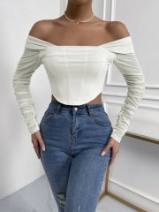 OMONSIM Wholesale Off Shoulder Blouses for Women Long Sleeve Mesh Cuff Sexy Slim Ladies Crop Top Asymmertic Hem Shirts