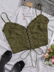OMONSIM Wholesale Womens Tank Top Frill Trim Lace Up Backless Sleeveless Crop Top Sexy Club Party Cami Top