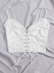 OMONSIM Wholesale Womens Tank Top Frill Trim Lace Up Backless Sleeveless Crop Top Sexy Club Party Cami Top