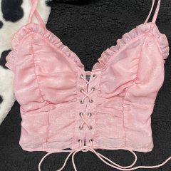 OMONSIM Wholesale Womens Tank Top Frill Trim Lace Up Backless Sleeveless Crop Top Sexy Club Party Cami Top