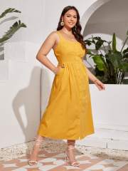 OMONSIM Wholesale Plus Size Yellow Casual Loose Sling Front Row Button Dress