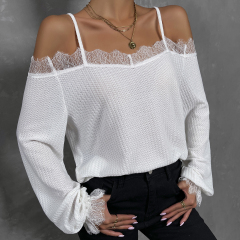 OMONSIM Wholesale Off Shoulder Lace Trim Tee Sexy White Shirts Long Sleeve for Women