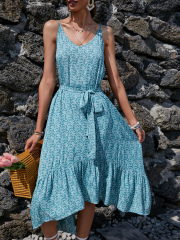 OMONSIM Wholesale Light Blue Printed Suspender Sleeveless Off Shoulder Dress For Women