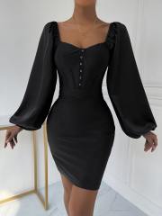 OMONSIM Wholesale Tight Sexy Black Square Neck Lantern Bubble Sleeve Dress For Women
