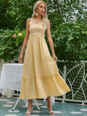 OMONSIM Wholesale Summer Elegant Casual Plaid Ruffled Sleeveless Rope Sling Maxi Dress