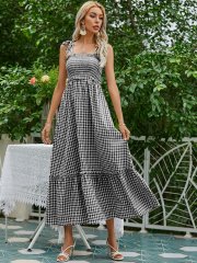 OMONSIM Wholesale Summer Elegant Casual Plaid Ruffled Sleeveless Rope Sling Maxi Dress