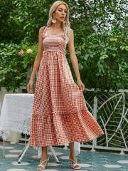OMONSIM Wholesale Summer Elegant Casual Plaid Ruffled Sleeveless Rope Sling Maxi Dress