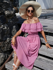 OMONSIM Wholesale Summer Pleated Pink Line Neck Short Sleeve Off Shoulder Dress