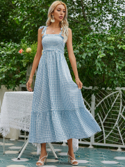 OMONSIM Wholesale Summer Elegant Casual Plaid Ruffled Sleeveless Rope Sling Maxi Dress