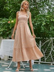 OMONSIM Wholesale Summer Elegant Casual Plaid Ruffled Sleeveless Rope Sling Maxi Dress