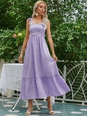 OMONSIM Wholesale Summer Elegant Casual Plaid Ruffled Sleeveless Rope Sling Maxi Dress