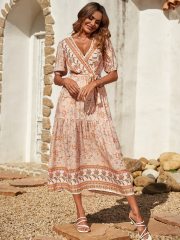 OMONSIM Wholesale Summer Loose Tied Belt Printed Short Sleeve Bohemian Maxi Women Dress