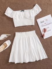OMONSIM Wholesale Summer Fashion Short Sleeve Two-Piece Sets Sexy White Crop Top & Loose Hight Waist Mini Dress