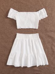 OMONSIM Wholesale Summer Fashion Short Sleeve Two-Piece Sets Sexy White Crop Top & Loose Hight Waist Mini Dress