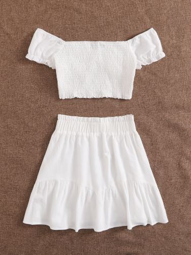 OMONSIM Wholesale Summer Fashion Short Sleeve Two-Piece Sets Sexy White Crop Top & Loose Hight Waist Mini Dress