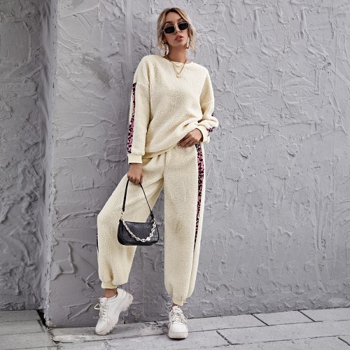 OMONSIM Wholesale Fall Winter Women Sweatsuit Loose Apricot Long Sleeve Two-piece Sport Pants Suit Tracksuits