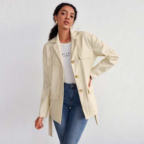 OMONSIM Wholesale Autumn Winter Women Beige Jacket with Belt Turn Down Collar Casual Outwear