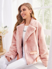 OMONSIM Wholesale Fashion Women Winter Pink Coat Long Sleeve with PU Belt Turn Down Collar Warm Faux Fur Jacket