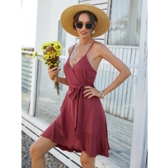 OMONSIM Wholesale Pleated Tied Belt Rose Color Suspender Sleeveless Backless Dress For Women