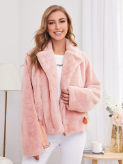 OMONSIM Wholesale Fashion Women Winter Pink Coat Long Sleeve with PU Belt Turn Down Collar Warm Faux Fur Jacket