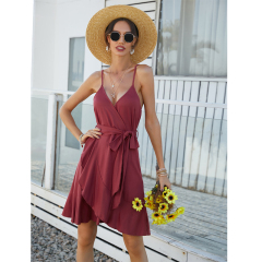 OMONSIM Wholesale Pleated Tied Belt Rose Color Suspender Sleeveless Backless Dress For Women