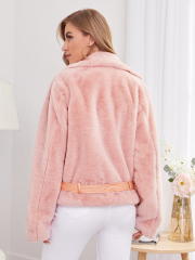 OMONSIM Wholesale Fashion Women Winter Pink Coat Long Sleeve with PU Belt Turn Down Collar Warm Faux Fur Jacket
