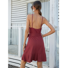 OMONSIM Wholesale Pleated Tied Belt Rose Color Suspender Sleeveless Backless Dress For Women