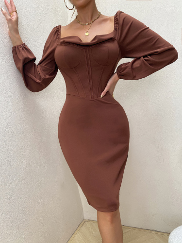 OMONSIM Wholesale Tight Sexy Pleated Square Neck Long Sleeve Backless Middle Dress For Women