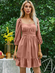 OMONSIM Wholesale Casual Loose Pleated Ruffles Tight Waist Mini Dresses For Women